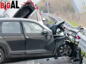 Car crashed into guardrail.